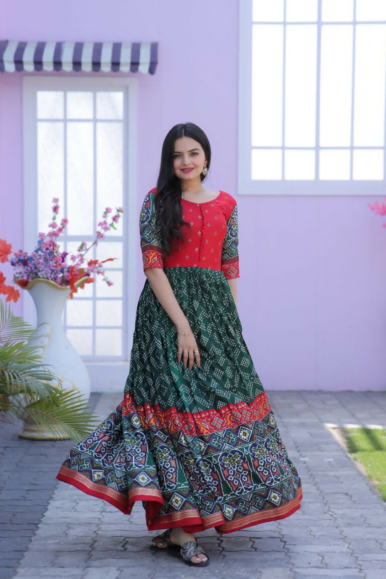 Jyoti Fashion Women's Bottle Green Patola with Foil Print Dola Silk Anarkali Dress