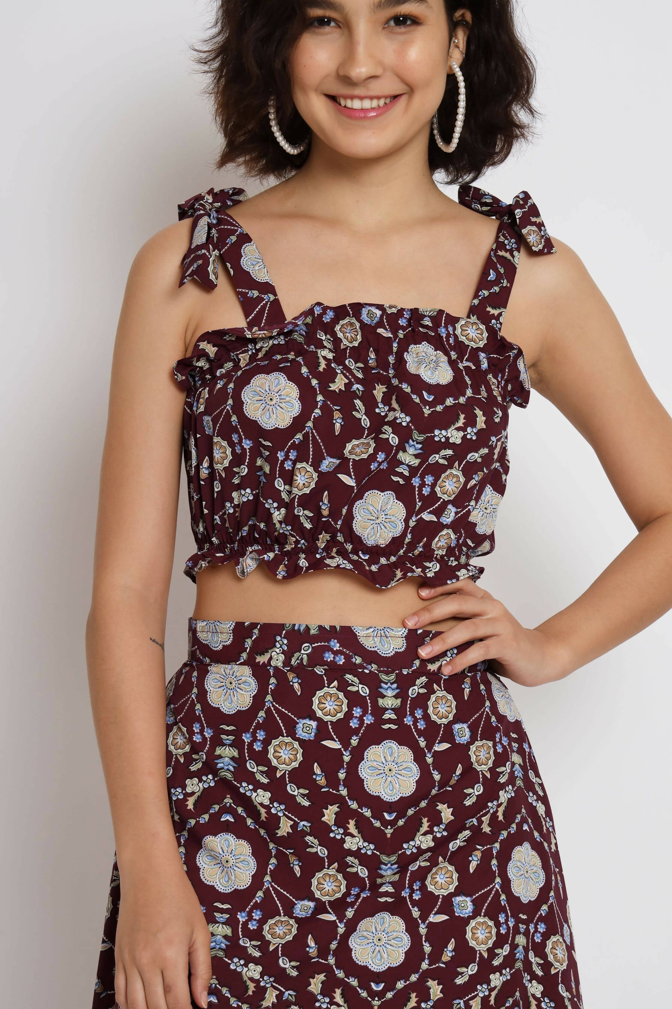 Wine Crepe Floral Printed Top with Matching Skirt - Shivani