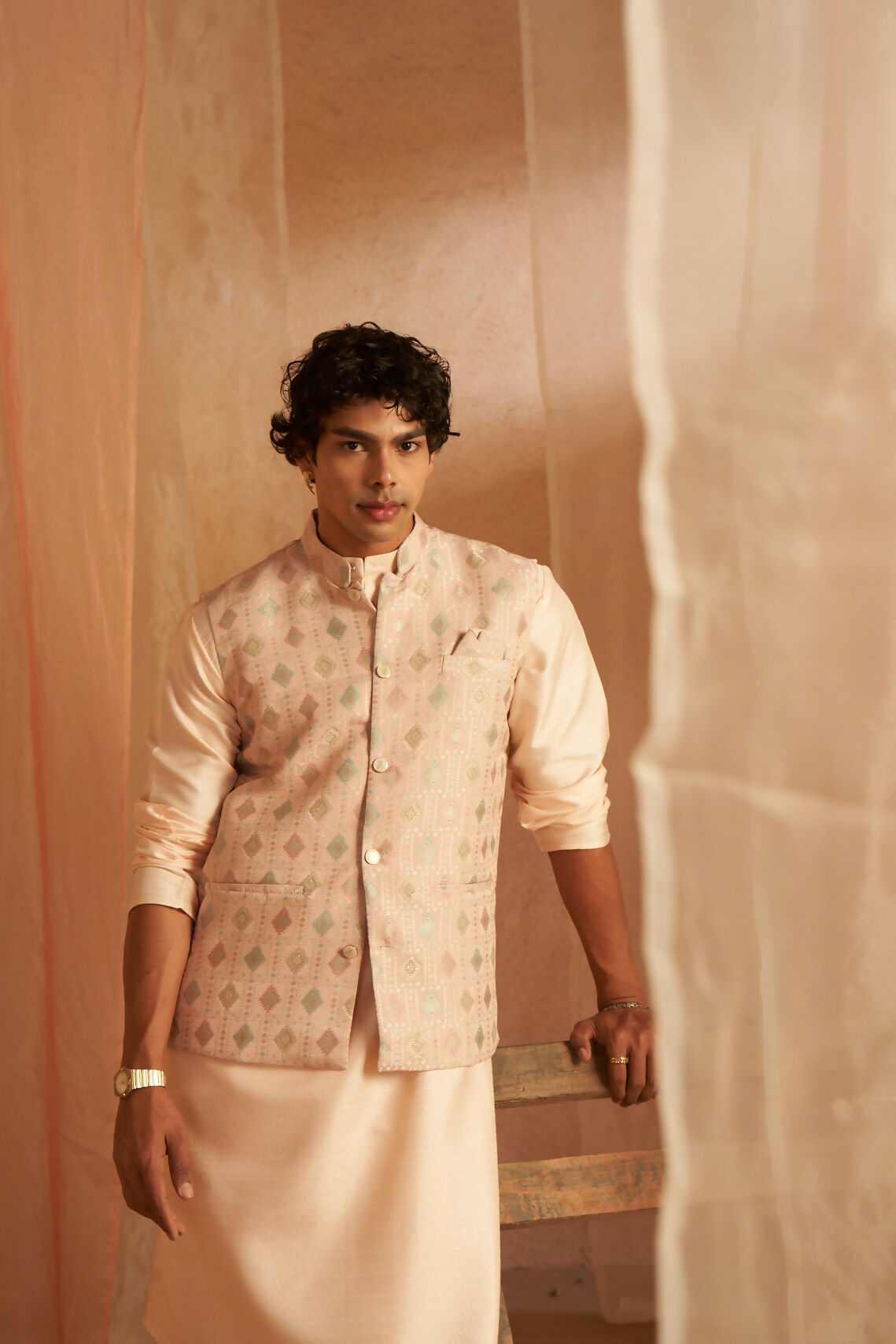 Peach Viscose Designer Printed Men's Kurta Set with Koti - Mahotsav