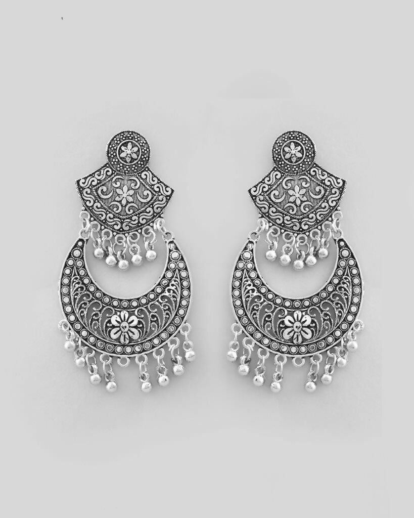 VOJ Silver Plated Oxidized Chandbali Earrings