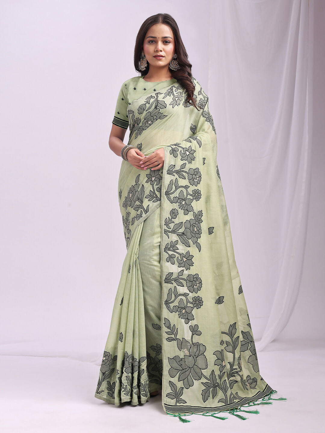 Shree Shyam Fashion Kashira Light Green Linen Cotton Saree