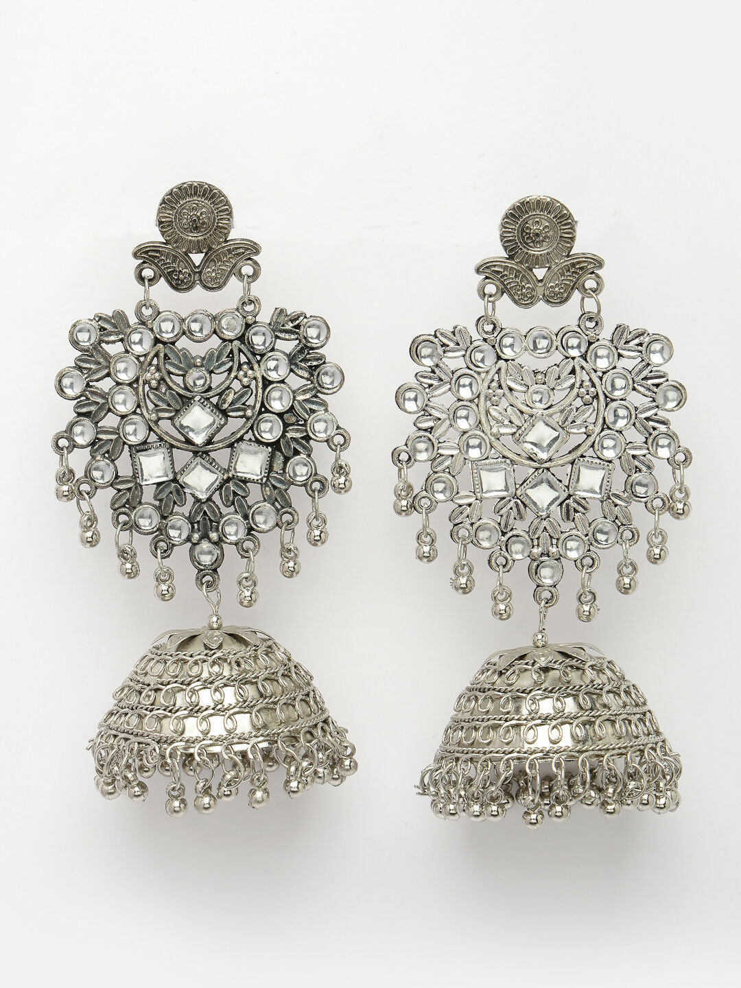 NVR Women's Silver-Plated Oxidised Artificial Stones Dome Shaped Jhumka Earrings