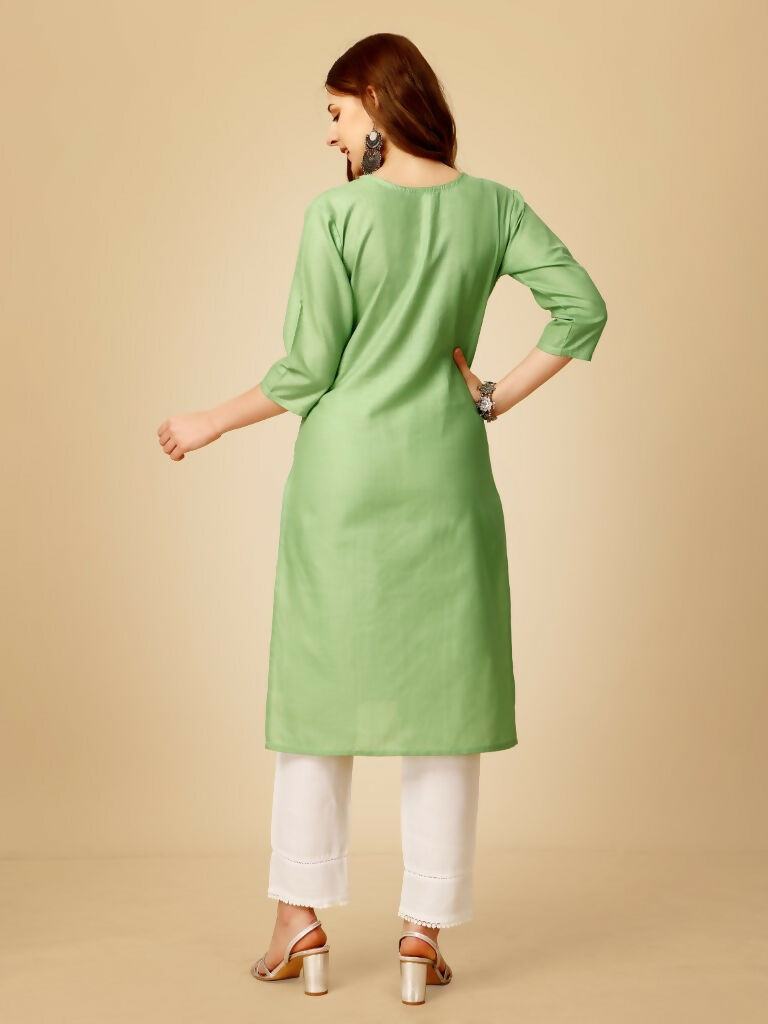 Jyoti Fashion Women's Lime Green Cotton Blend Embroidered Kurta Pant Set