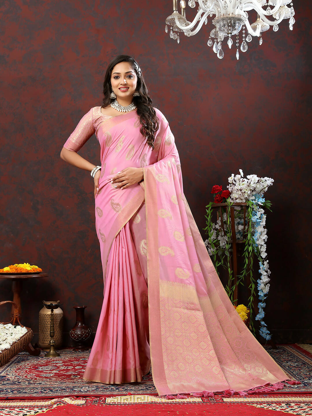 Lorenvalley Fashion Pink Cotton Woven Design with Zari Weaving Design Saree