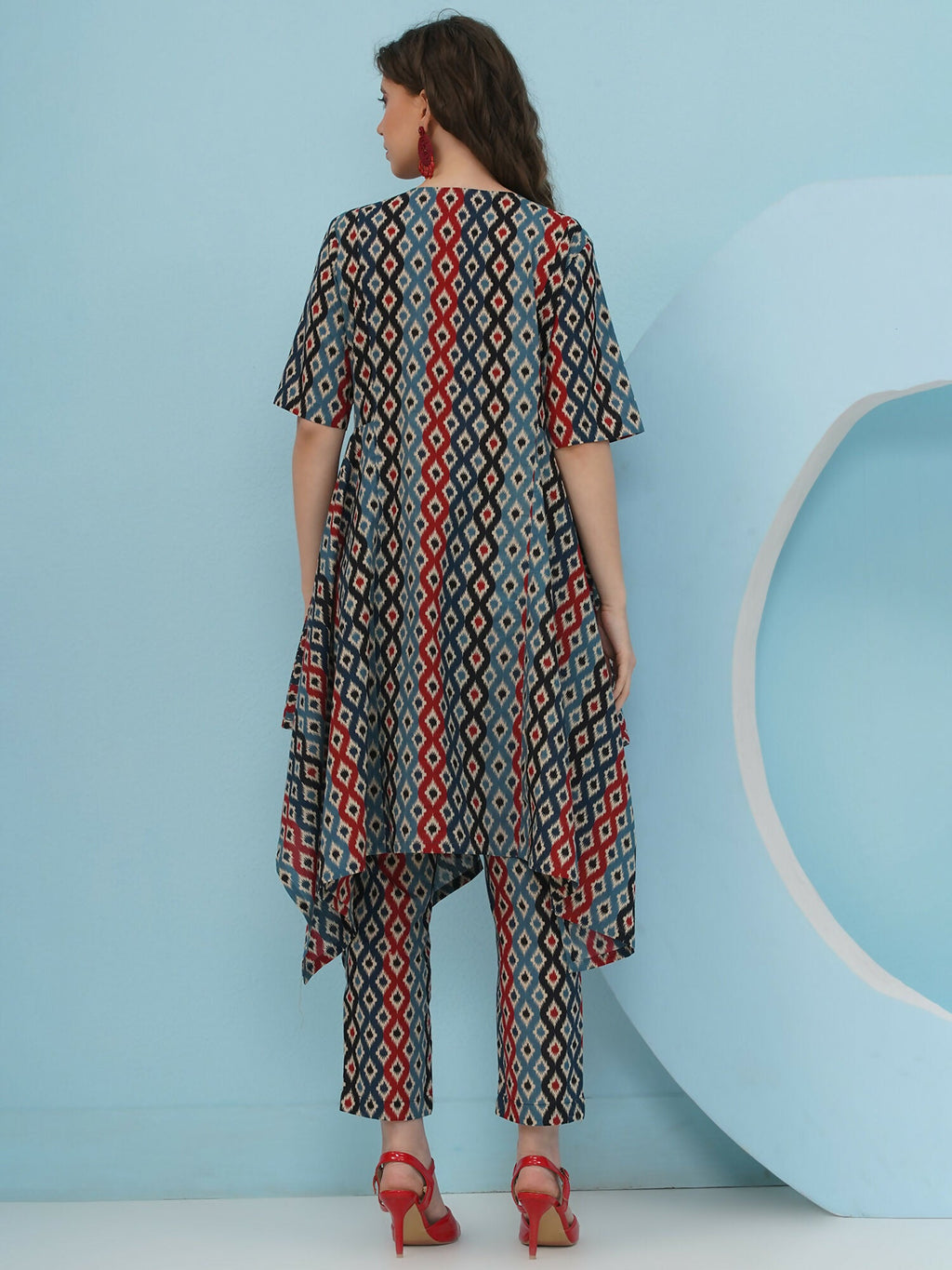 Joban Fashion Ikkat Printed Co Ord Set - Blue Red