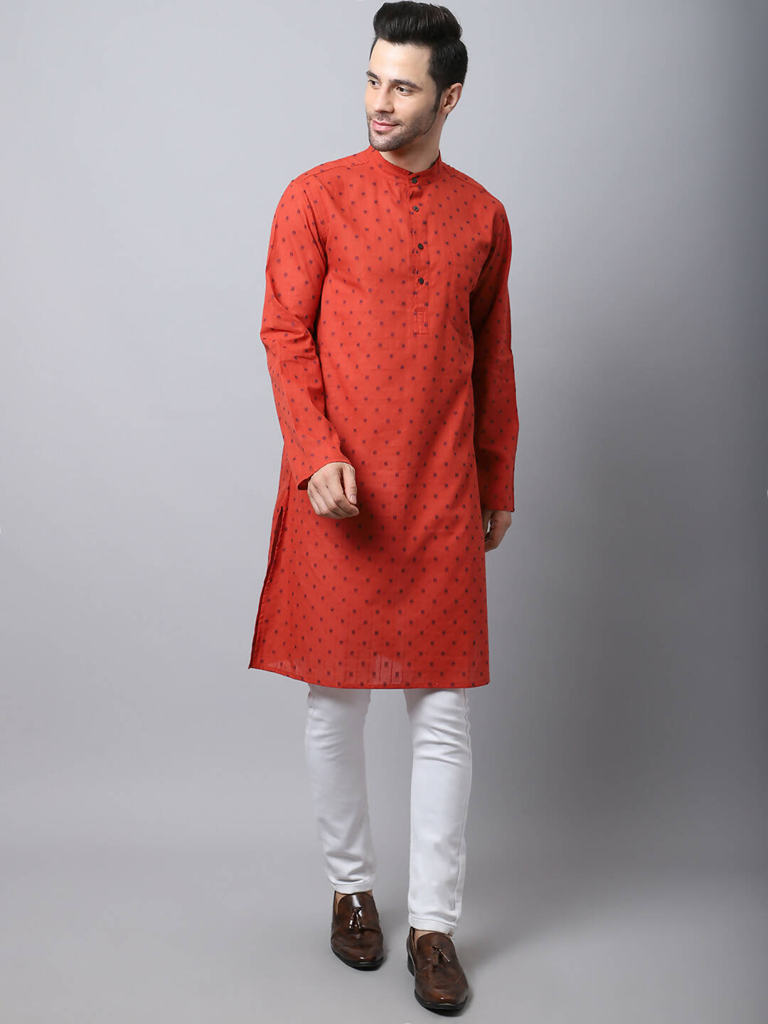 Even Apparels Red Pure Cotton Men's Kurta With Band Collar (CHK1167)