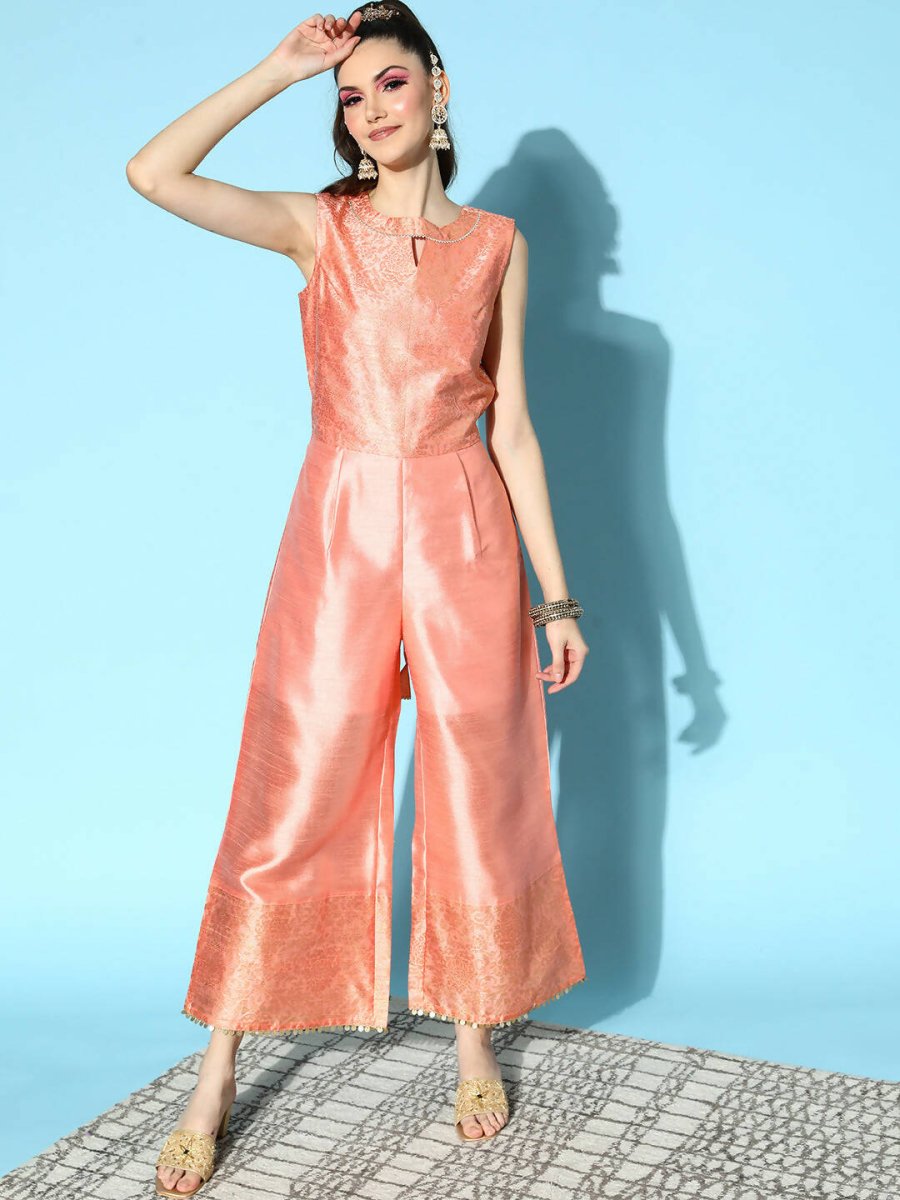 Ahalyaa Womens Peach Poly Silk Solid Jumpsuit