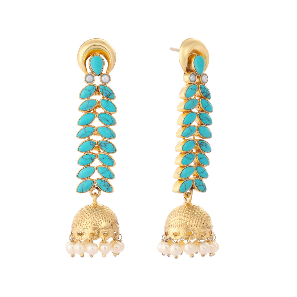 Nuyug 22K Gold Plated Pearl & Turquoise Stone Studded Contemporary Shaped Jhumkas