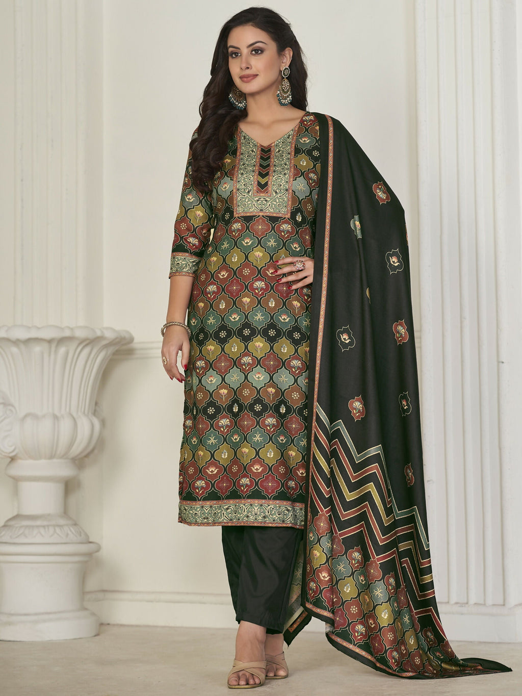 Jyoti Fashion Women's Multicolor Pashmina Digital Printed Kurta with Trouser & Dupatta