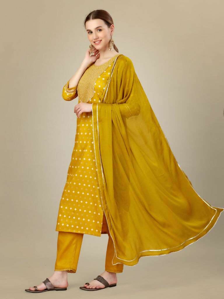 Jyoti Fashion Women's Golden Silk Blend Embroidery & Sequence work Kurta with Trouser & Dupatta