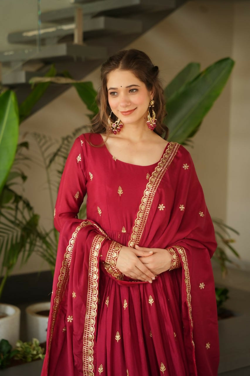 Teeya Creation Maroon Color Chinon Silk Party Wear Long Gown