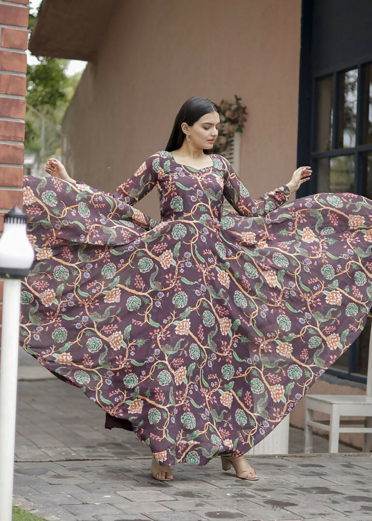Jyoti Fashion Women's Coffee Faux Georgette Floral Digital Printed Anarkali Dress with Dupatta