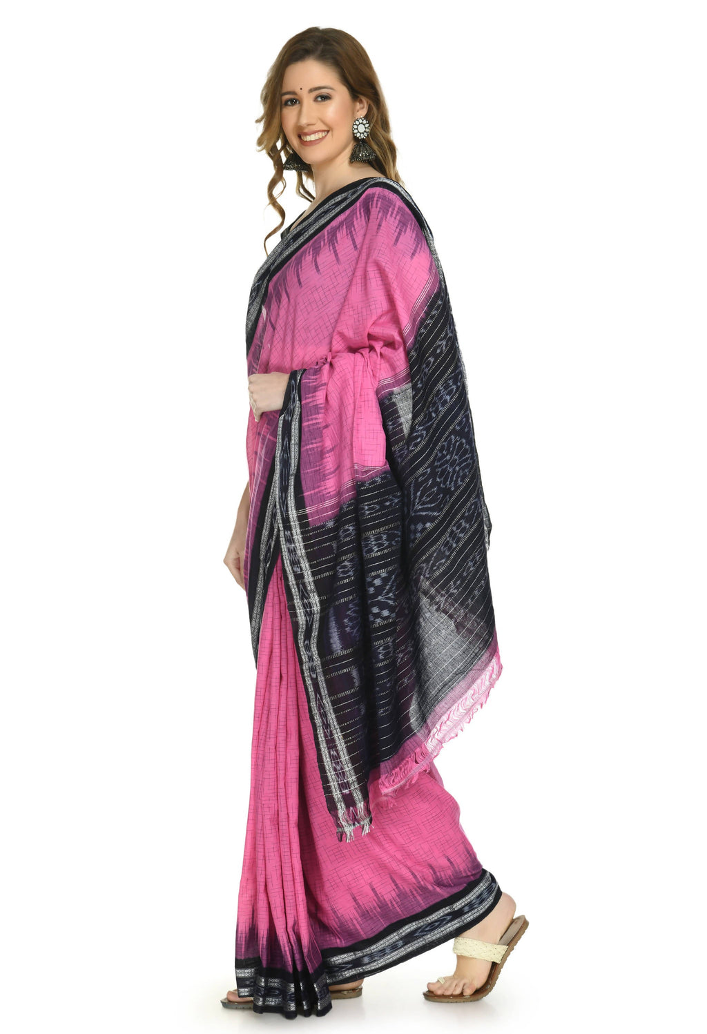 Vamika Sambalpuri Ikat Cotton Jharana Pink & Black Saree