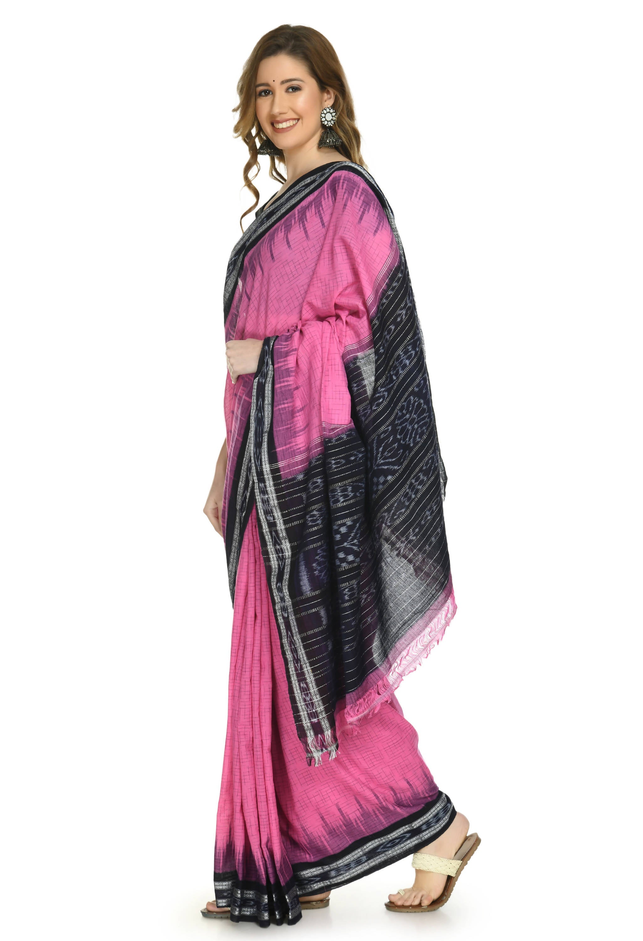 Vamika Sambalpuri Ikat Cotton Jharana Pink & Black Saree