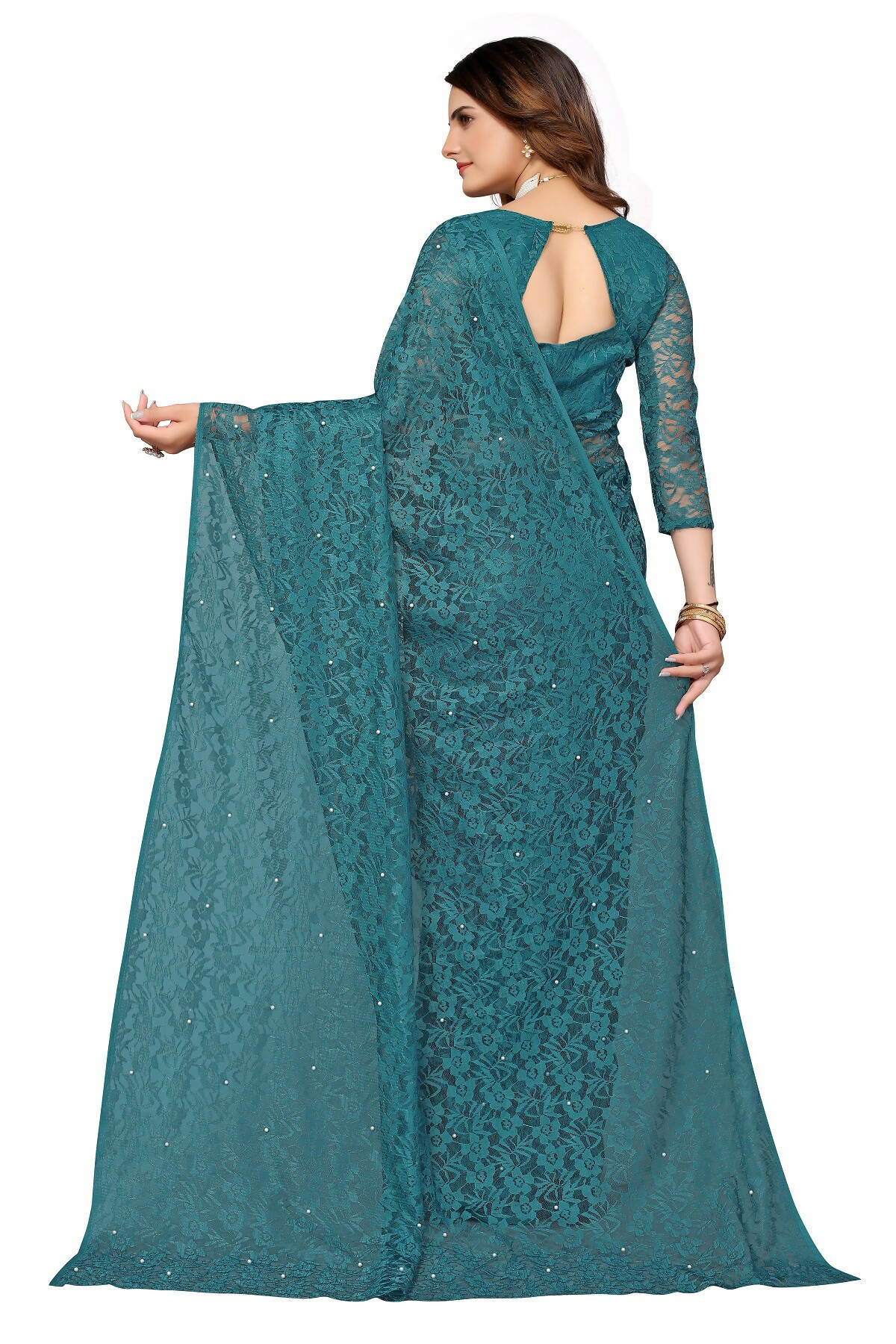 Vamika Rama Green Pearls Net Saree