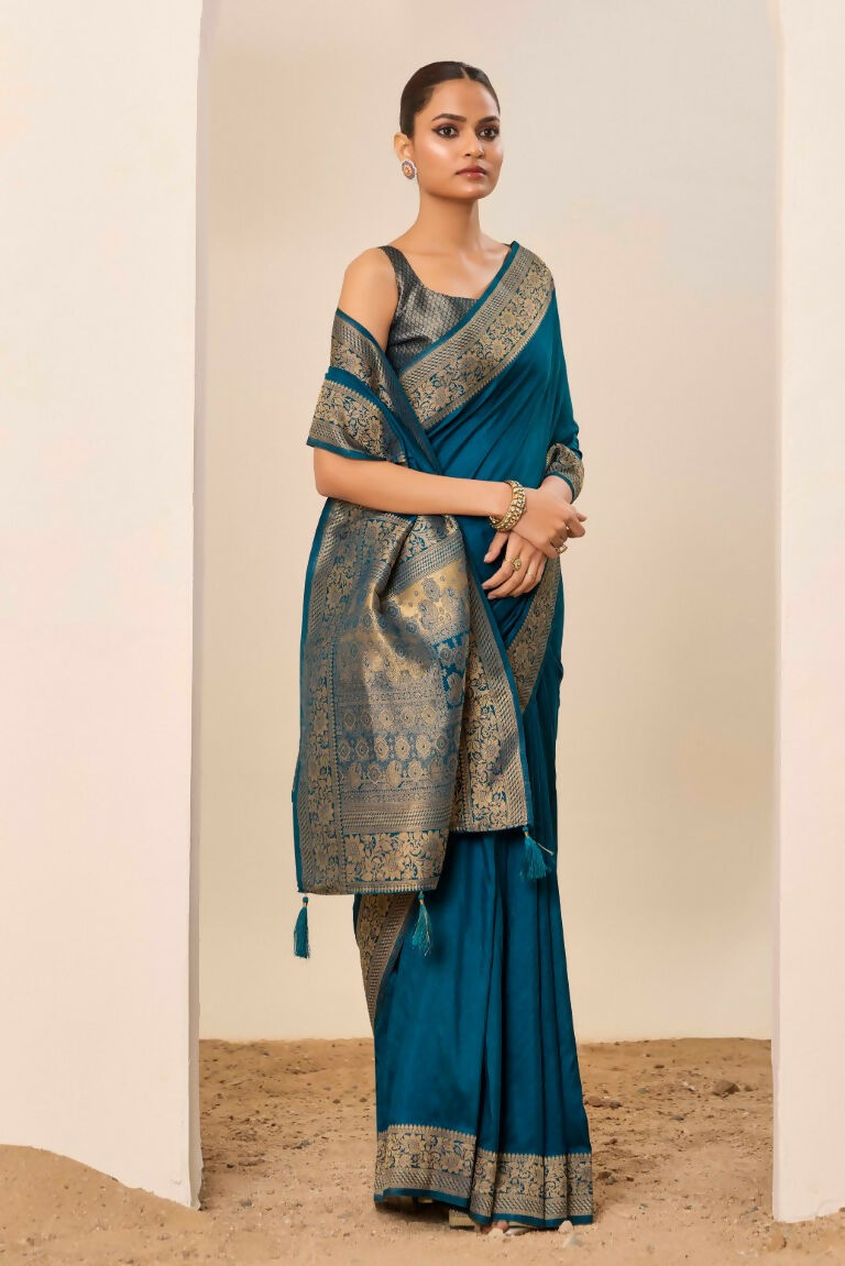Teal Blue Dolla Silk Wevon Galla Designer Saree - Zeel