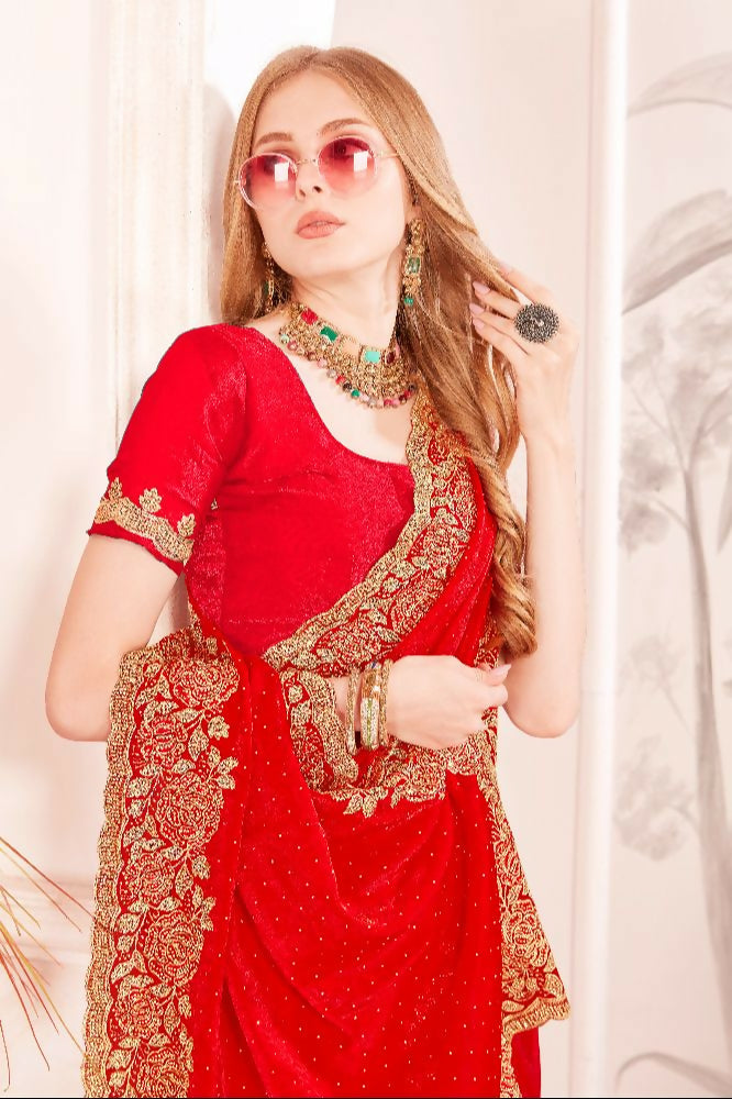 PR Fashion Rani Fendi Two Tone Silk Heavy Zari & Resham Embroidery Work With Heavy Zircon Work Saree
