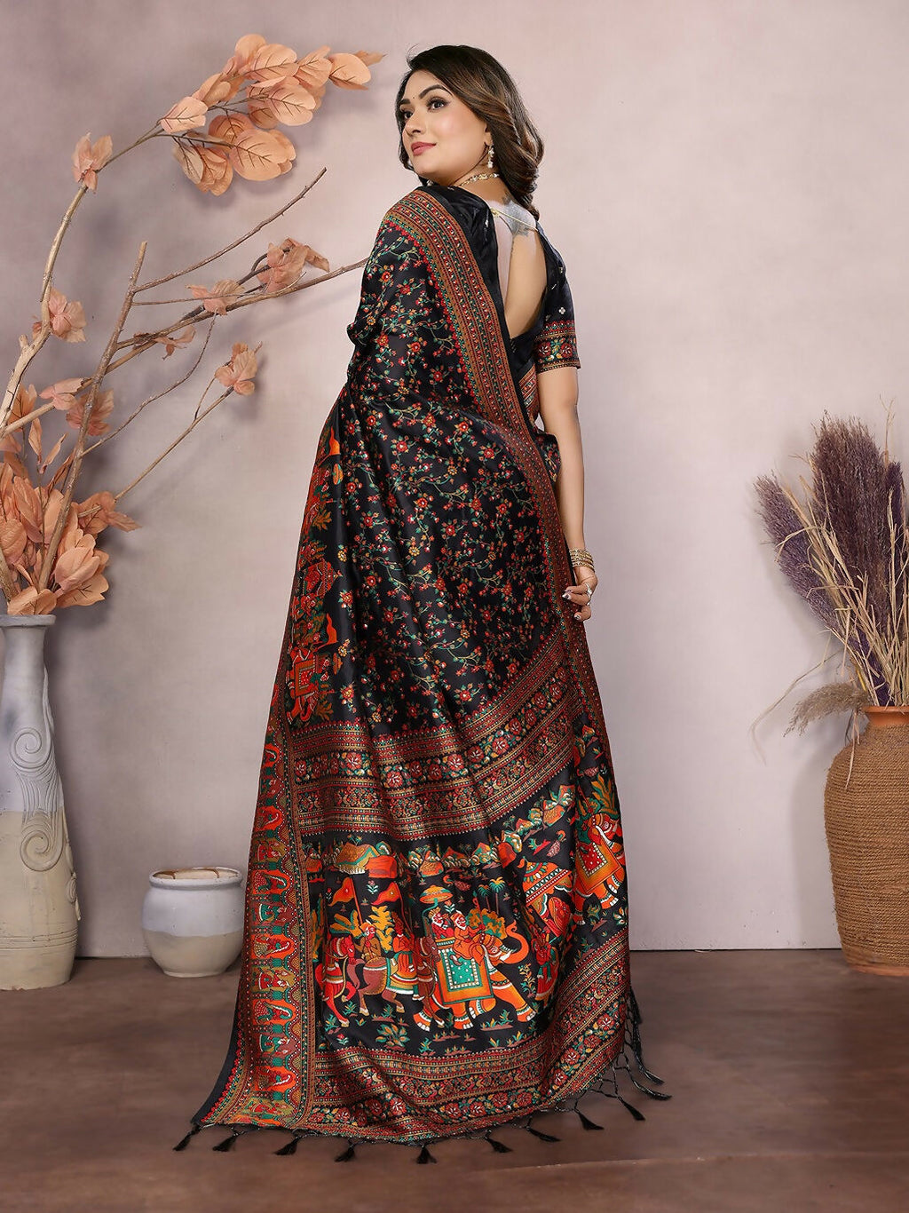 Joban Fashion Black Meena Weaves Pashmina Sarees