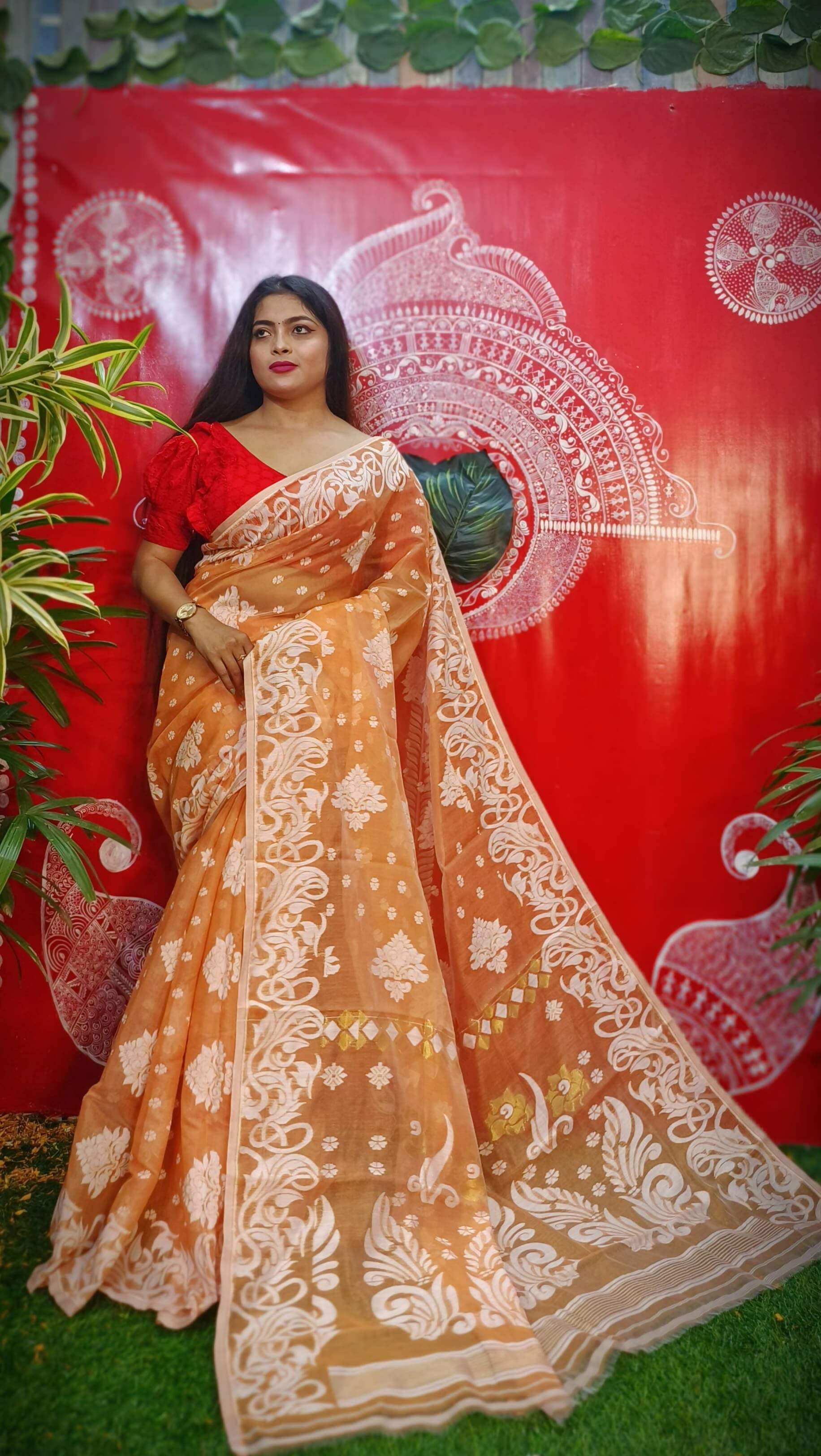 Exclusive Collection Handloom Dhakai Jamdani Saree - Orange