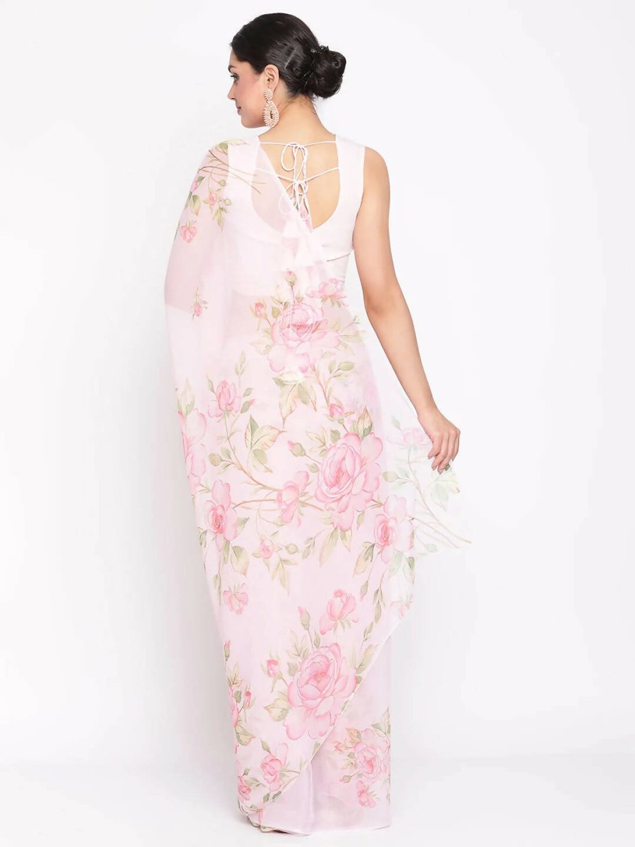 Ahalyaa Women's Baby Pink Digital Print Chiffon Saree