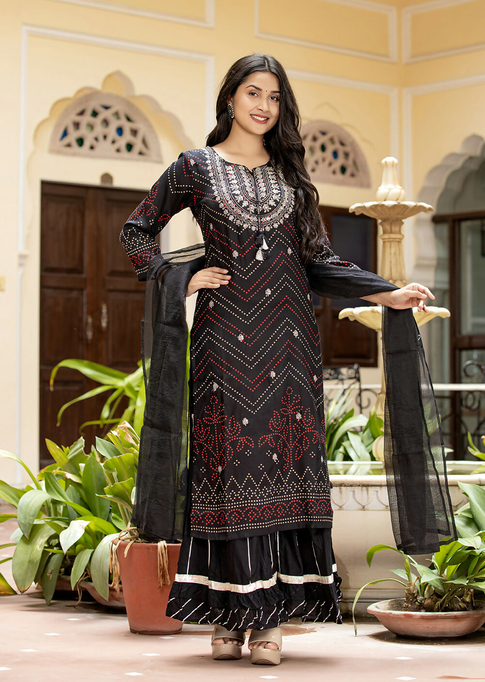 Kaajh Women's Black Embroidered Cotton Kurta Sharara Set With Dupatta