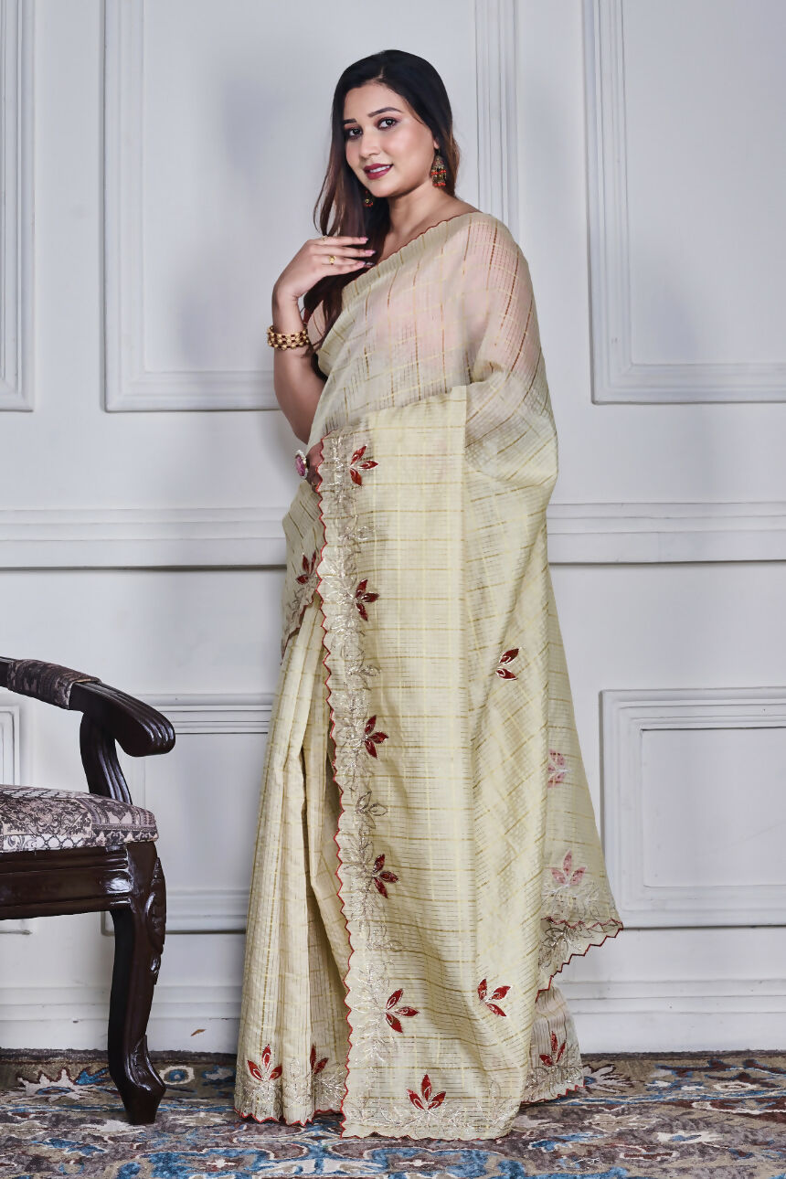 Morchari Beige Kota Check Zari Embroidery Saree Unstitched Blouse