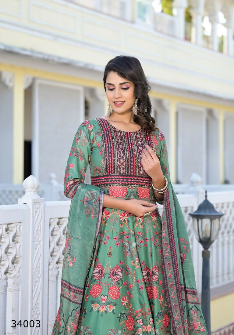 Partywear Designer parrot Dola Silk Anarkali suit with Dupatta - Suzen