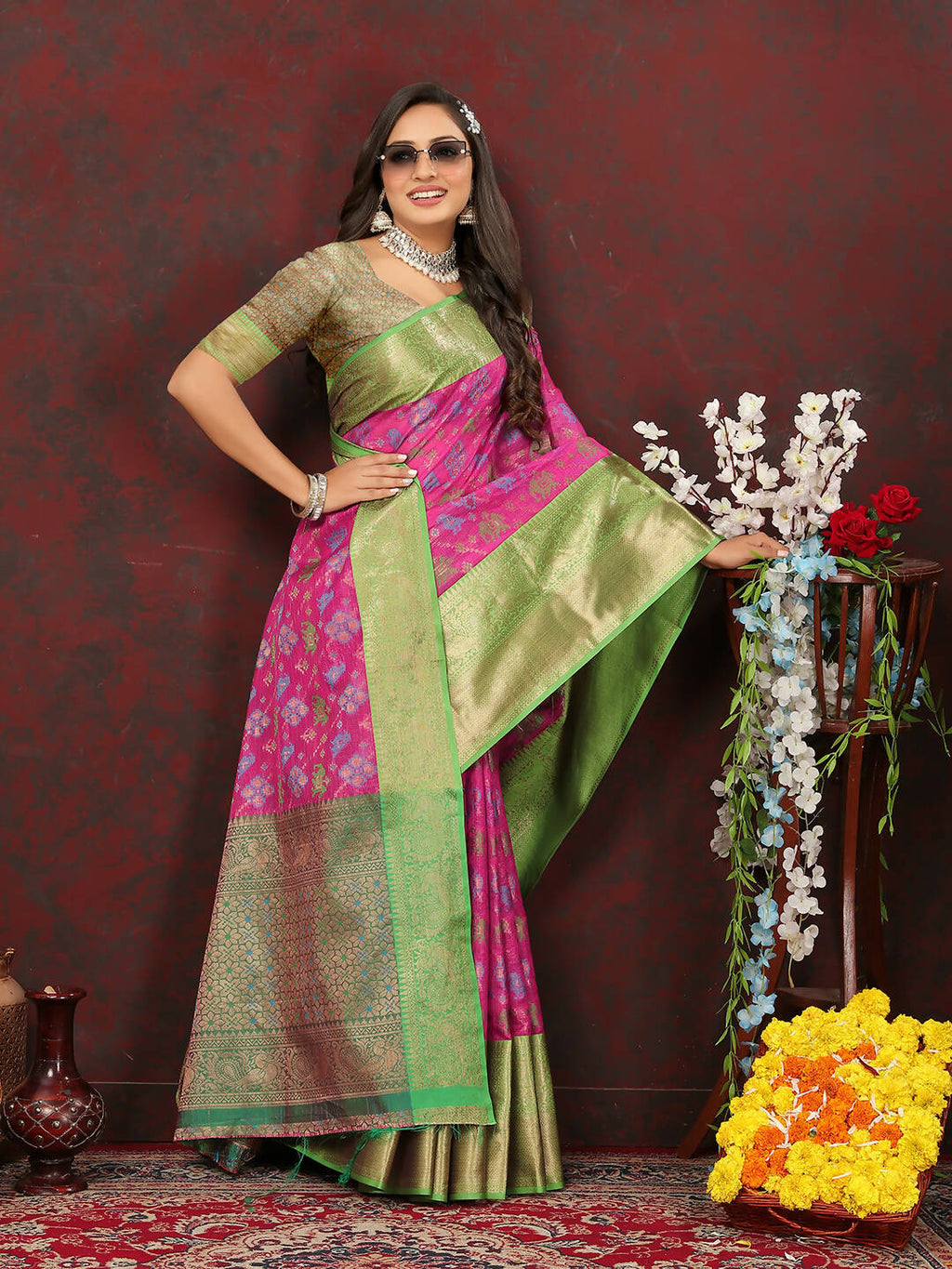 Lorenvalley Fashion Pink Cotton Woven Design Zari Meenakari Weaving Saree