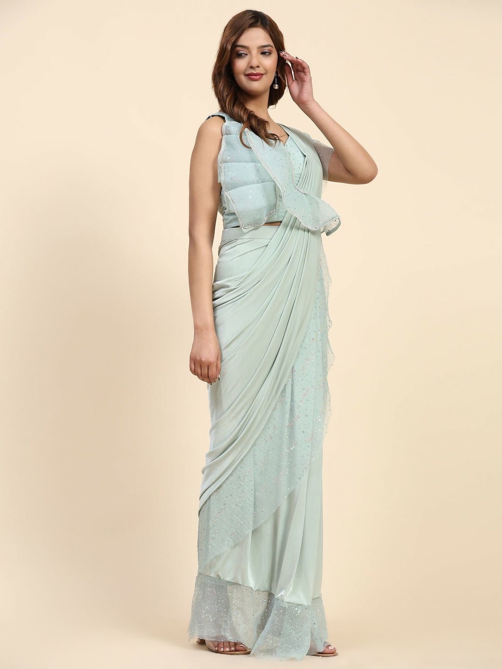 Light Blue Lycra Solid Ready to Wear Saree with stitched Blouse - Nita