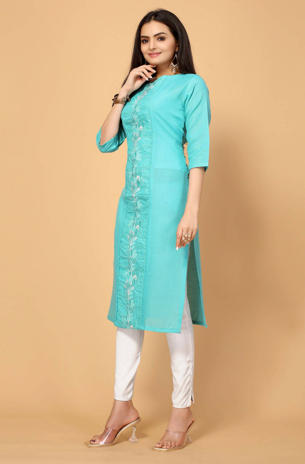 Light Green Cottan Slub Embroidery Kurti - Umi