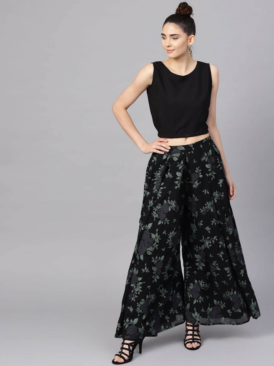 Ahalyaa Black Georgette Crepe Printed Top Palazzo Set With Jacket