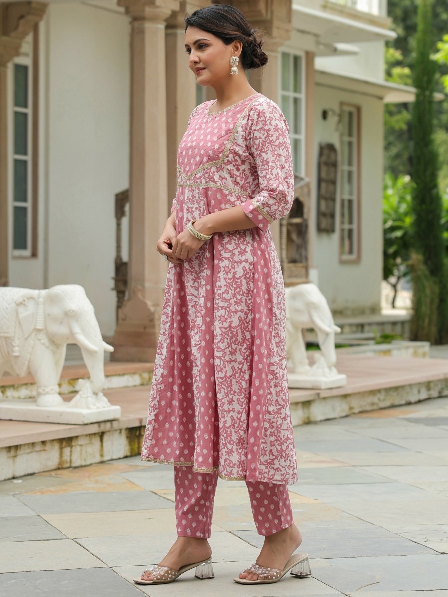 Aramya Anarkali Soft Cotton Block Print Women's Kurta Set - Pink