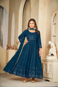 Jyoti Fashion Women's Rama Georgette Embroidered Anarkali Kurta Pant Set With Dupatta