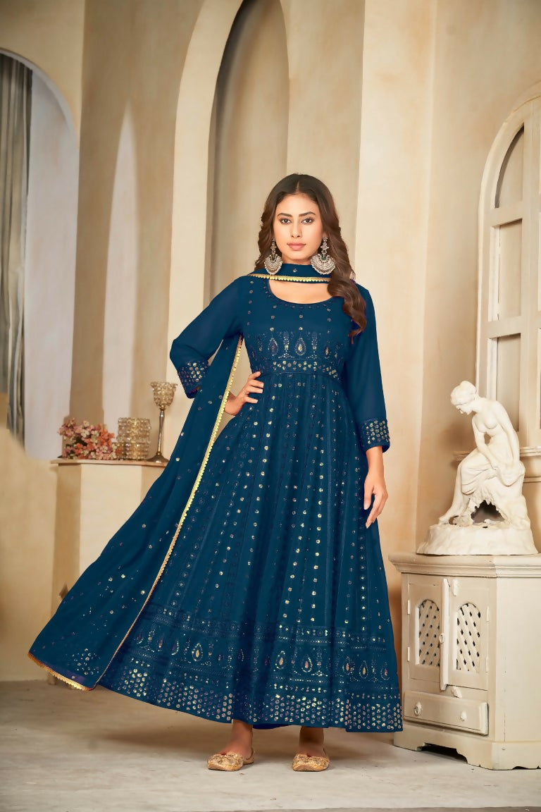 Jyoti Fashion Women's Rama Georgette Embroidered Anarkali Kurta Pant Set With Dupatta