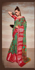 Sea Green Cotton Floral Printed Saree With Unstitched Blouse Piece - Kathika