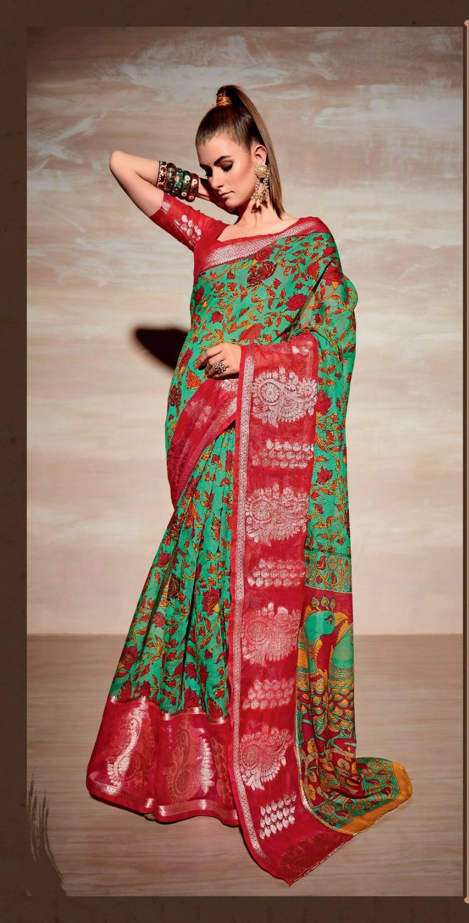 Sea Green Cotton Floral Printed Saree With Unstitched Blouse Piece - Kathika