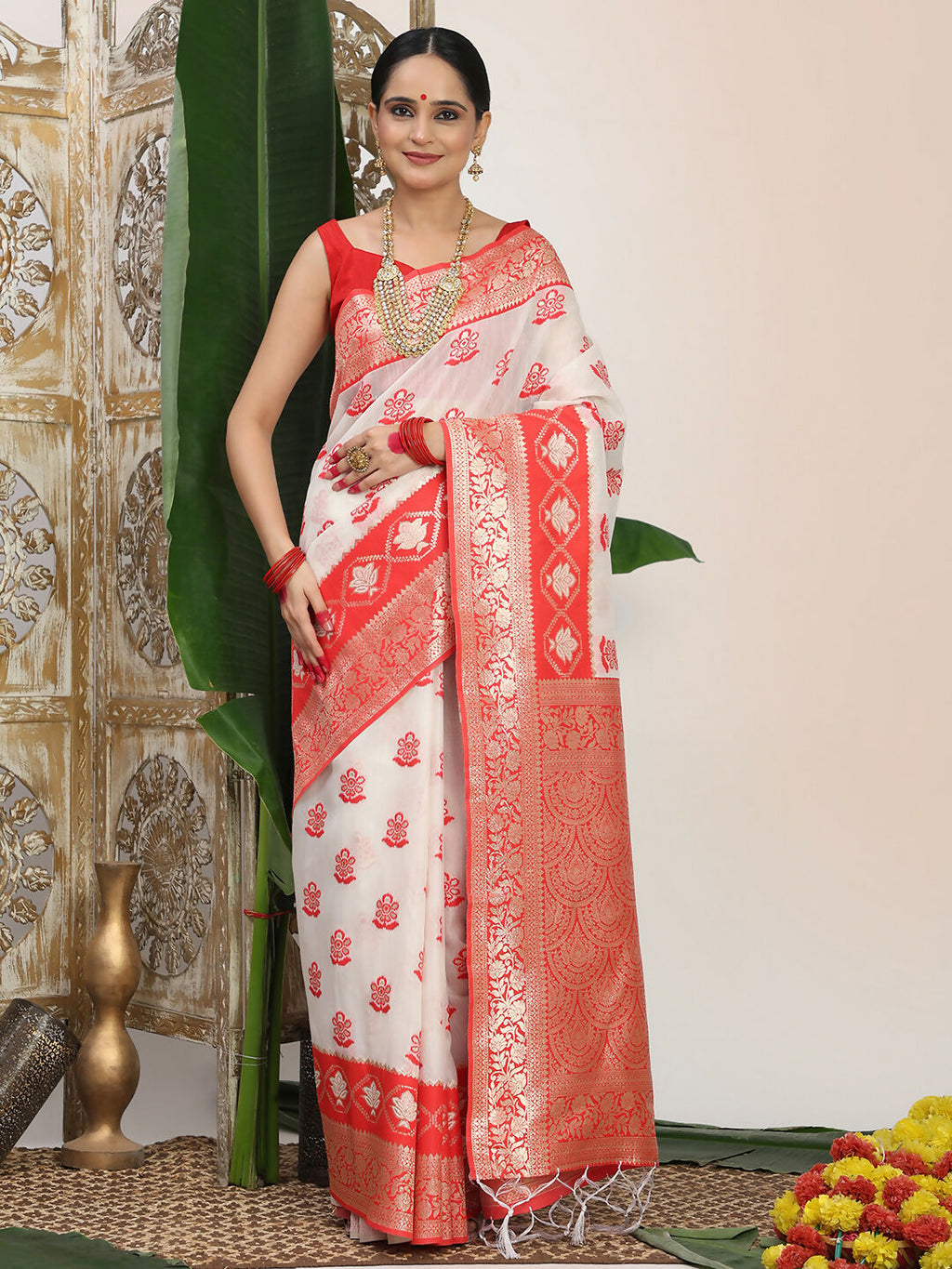 Shree Shyam Fashion Linen Cotton Red & White Saree