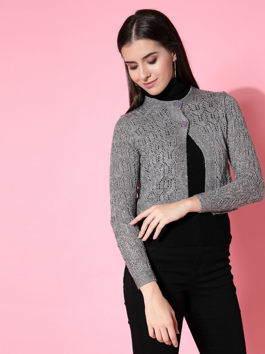 Women Self Design Grey Acrylic Winter Shrug - Wool Trees