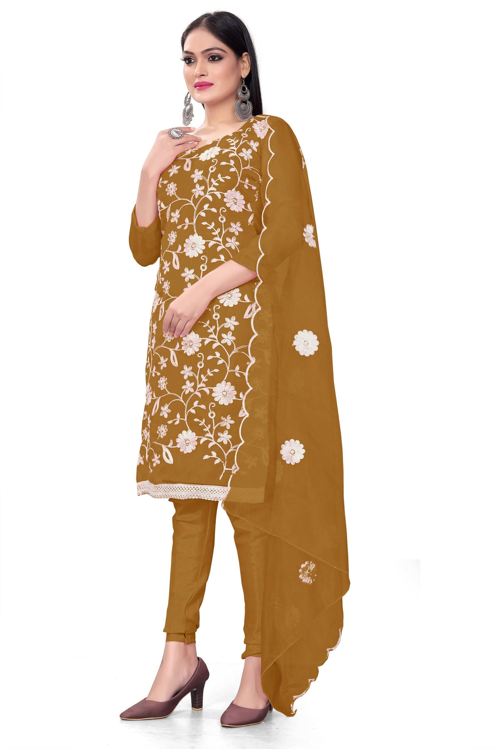Olive Organza Silk Embroidered Work Unstitched Dress Material - Tanvi