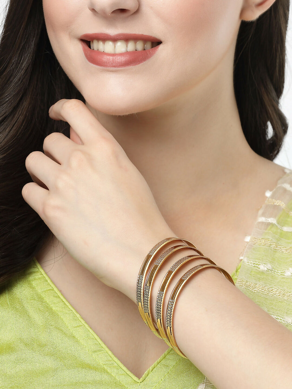 NVR Women's Set of 4 Gold-Polished CZ-Studded Traditional Bangles