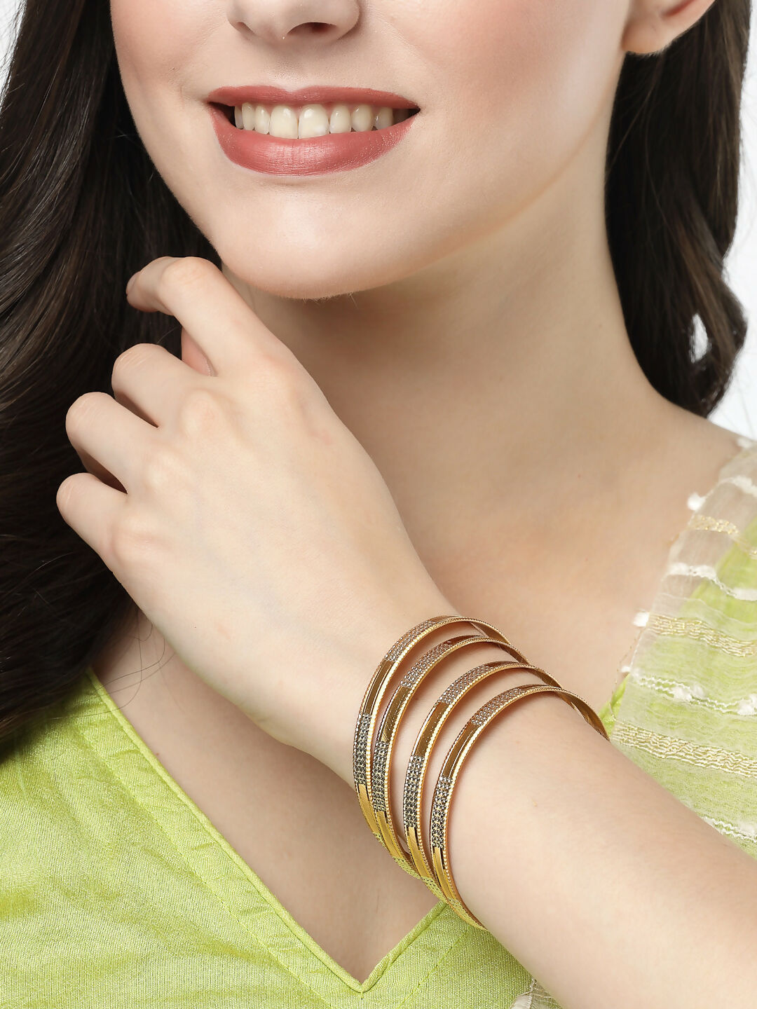 NVR Women's Set of 4 Gold-Polished CZ-Studded Traditional Bangles