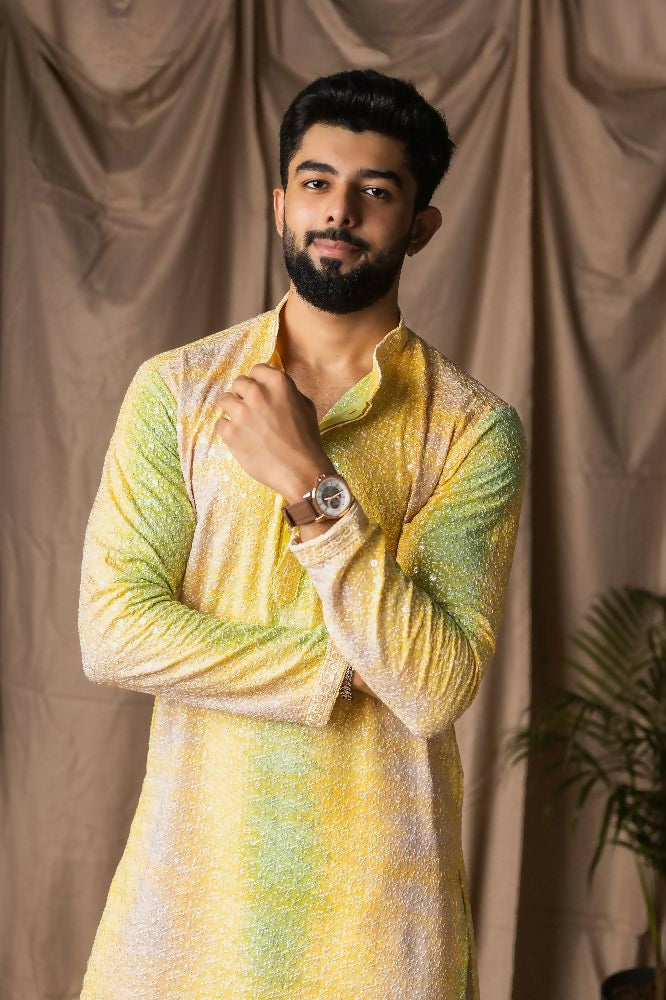 Yellow Rayon Thread Embroidery Work Kurta Set - Mahotsav