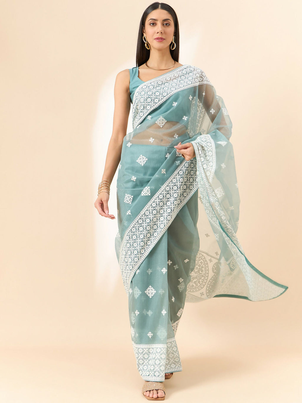 Blue Organza Geometric Embroidered Saree with Unstitched Blouse Piece - Roozal
