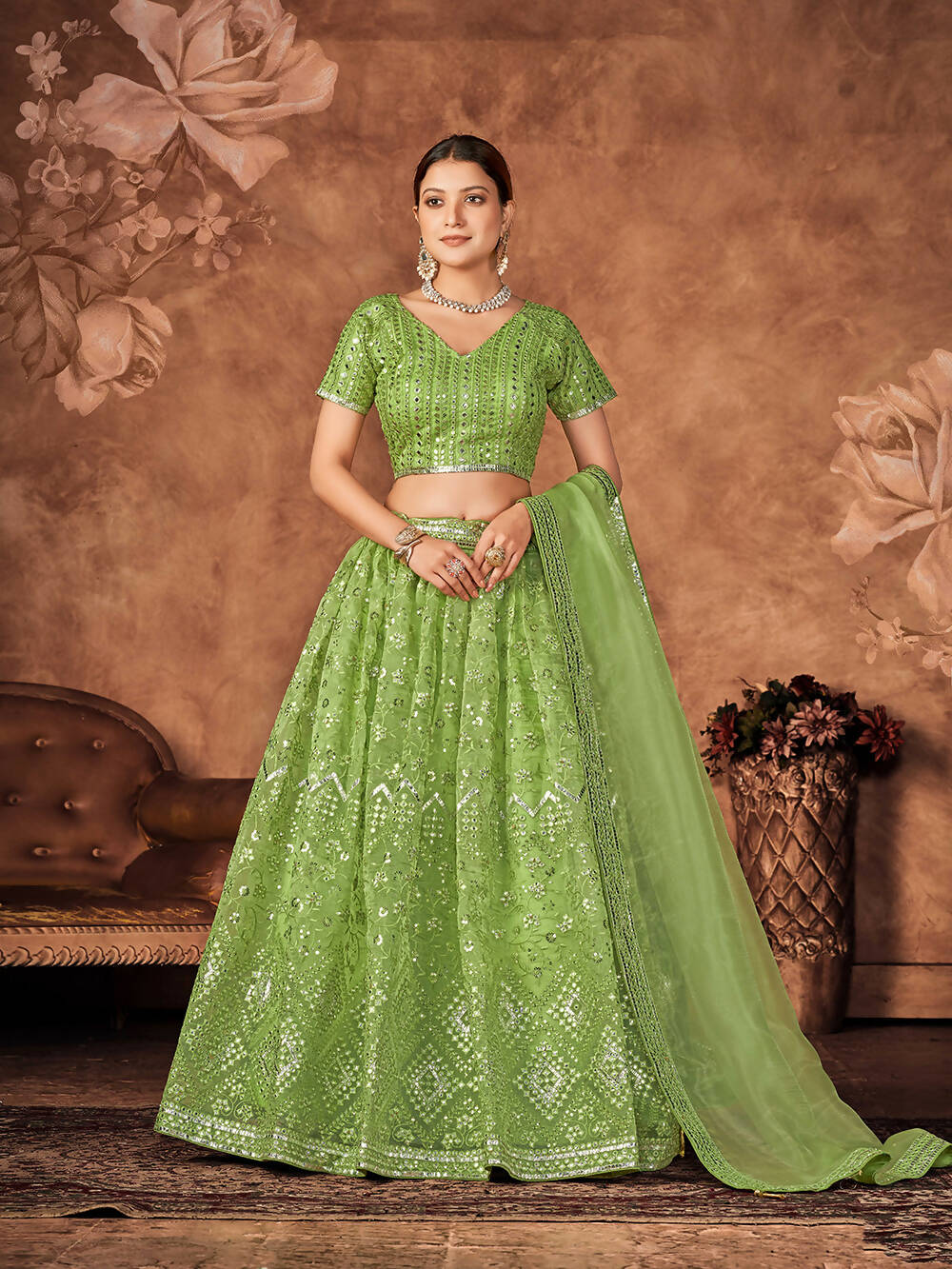 Wedding Designer Parrot Organza lehengha Choli - Anbazaar