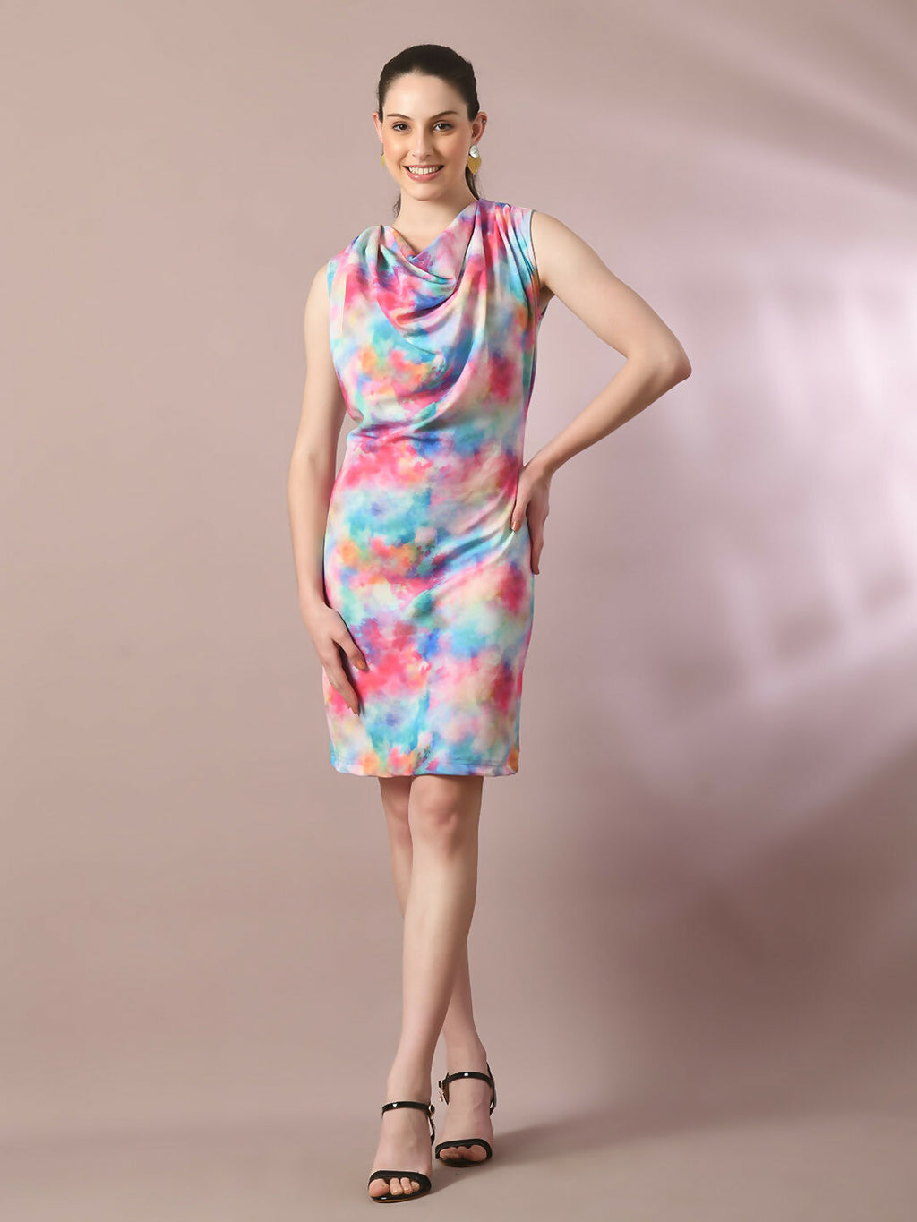 Myshka Women's Multi Printed Cowl Neck Bodycon Party Dress