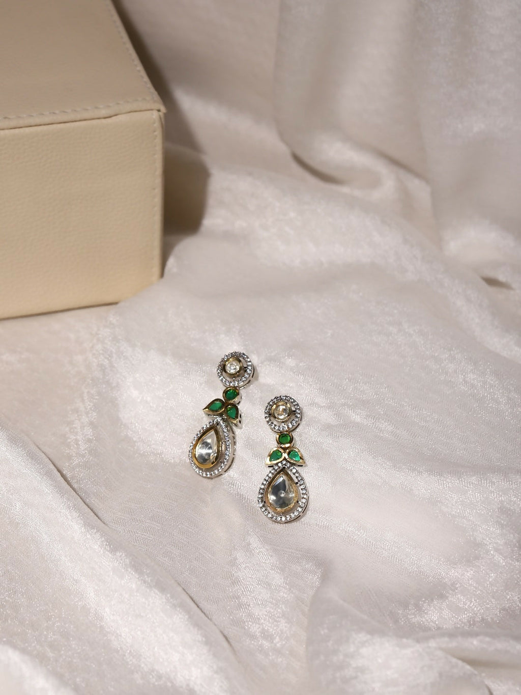 Dangler Kundan Earrings with Green Stone- Ruby Raang