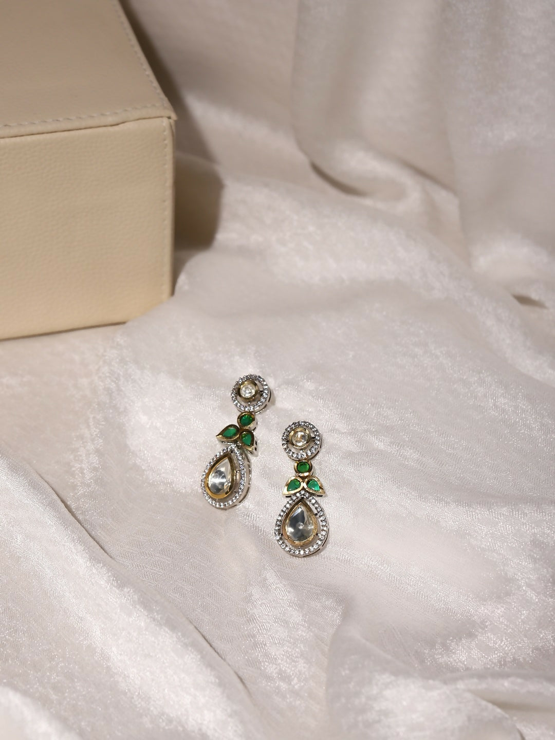 Dangler Kundan Earrings with Green Stone- Ruby Raang