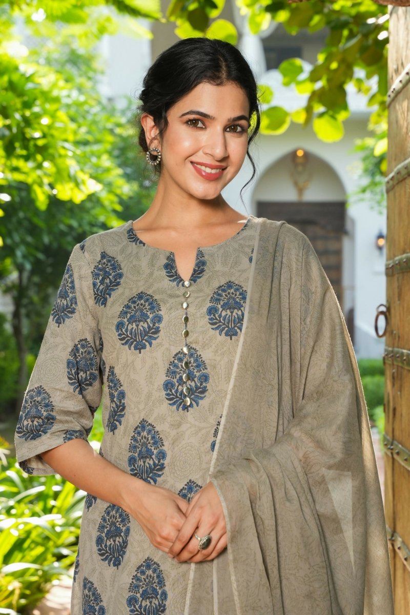 Aramya A-line Linen Cotton Floral Print Women's Kurta - Grey