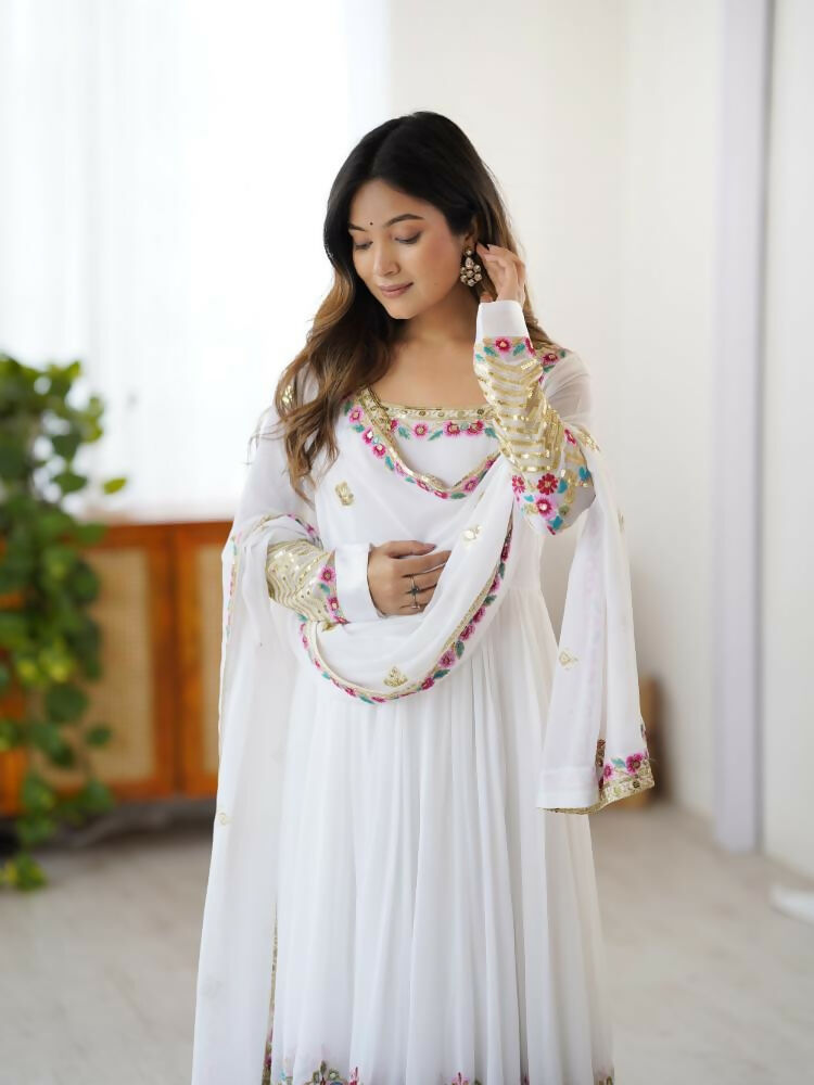 Joban Fashion White Georgette Sequence Embroidery Work Readymade Kurta Set