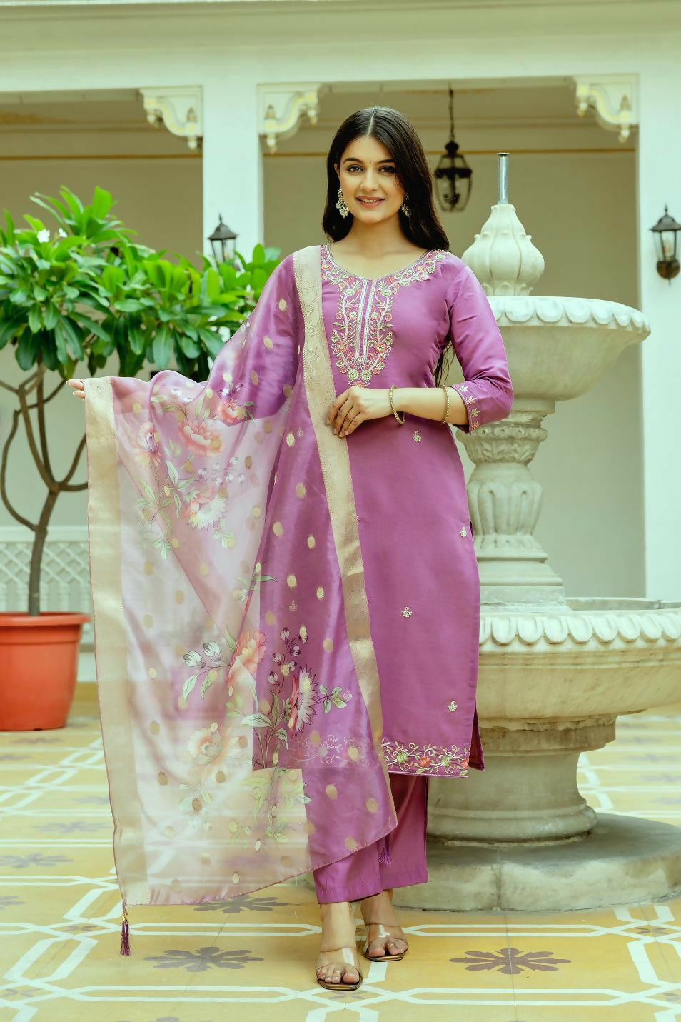 The52 Purple Women's Beautiful Embroidered Viscose Chanderi Silk Fabric with Straight Kurta, Pant and Dupatta Set